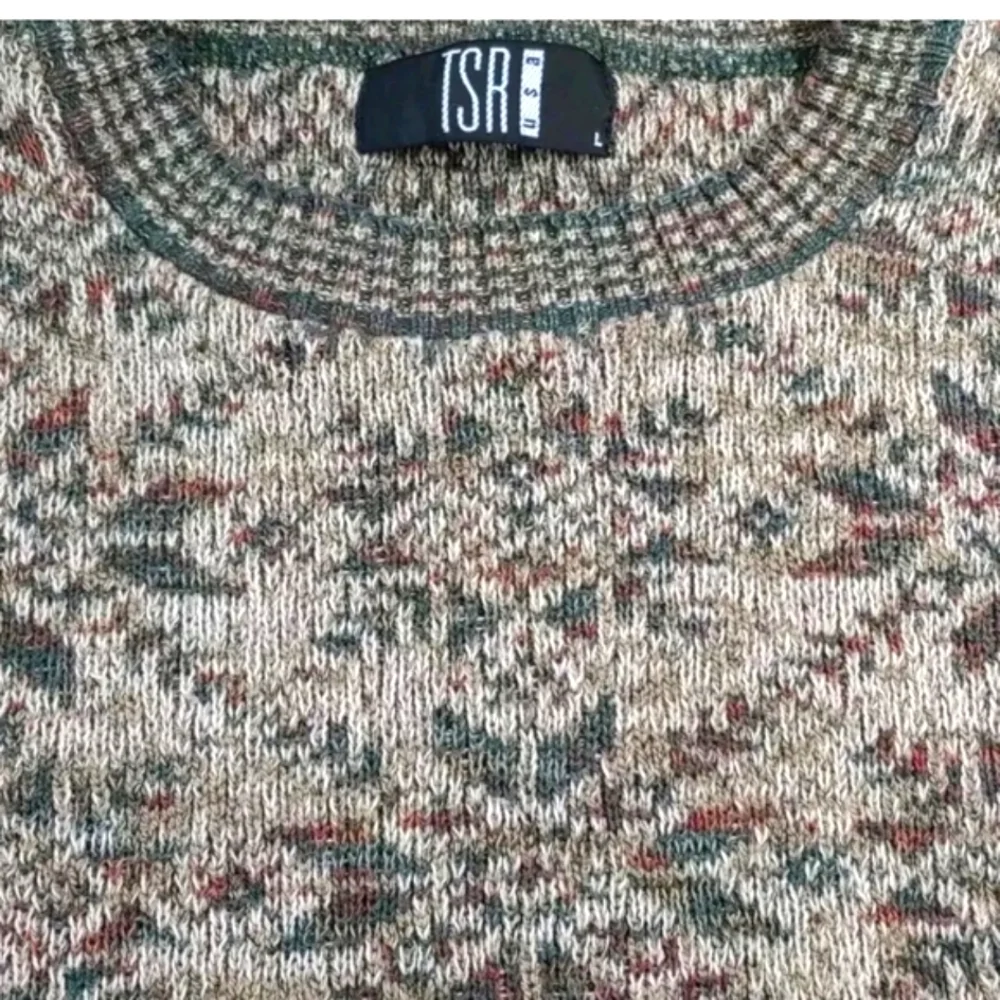 Vtg TSR USA Holiday Sweater Men Large Green Marbled Knit Colorful Ski Geometric
